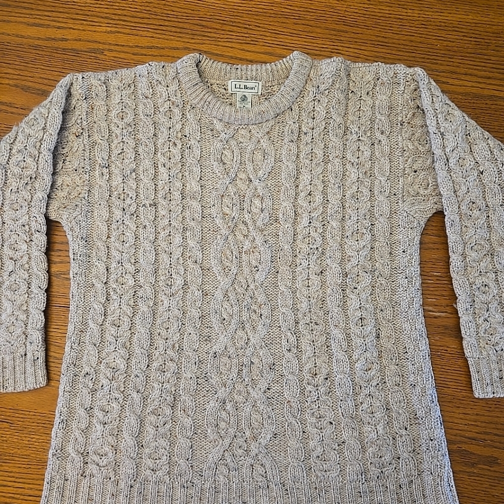 VTG L.L. Bean Mens Tall Fisherman Chunky Beige Cable Knit Sweater 100% Wool Med